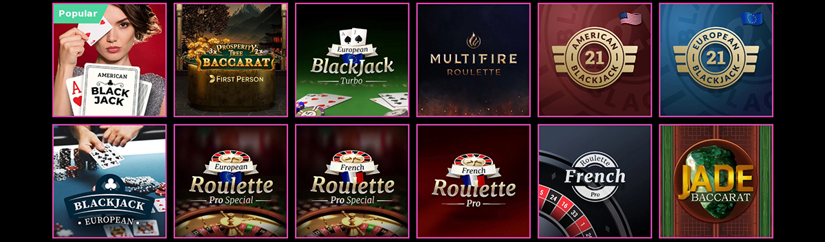 Nogle af LuckyNikis bordspil som blackjack, roulette og flere.